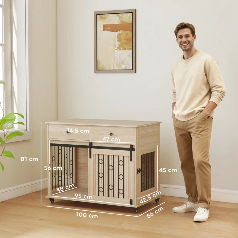 Dog Crate Cabinet with Sliding Door and Two Drawers – Oak, 100cm Dog Crate Cabinet with Sliding Door and Two Drawers – Oak, 100cm