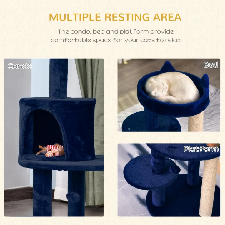 Cat Tree with Round Den and Perches – Blue, 104cm