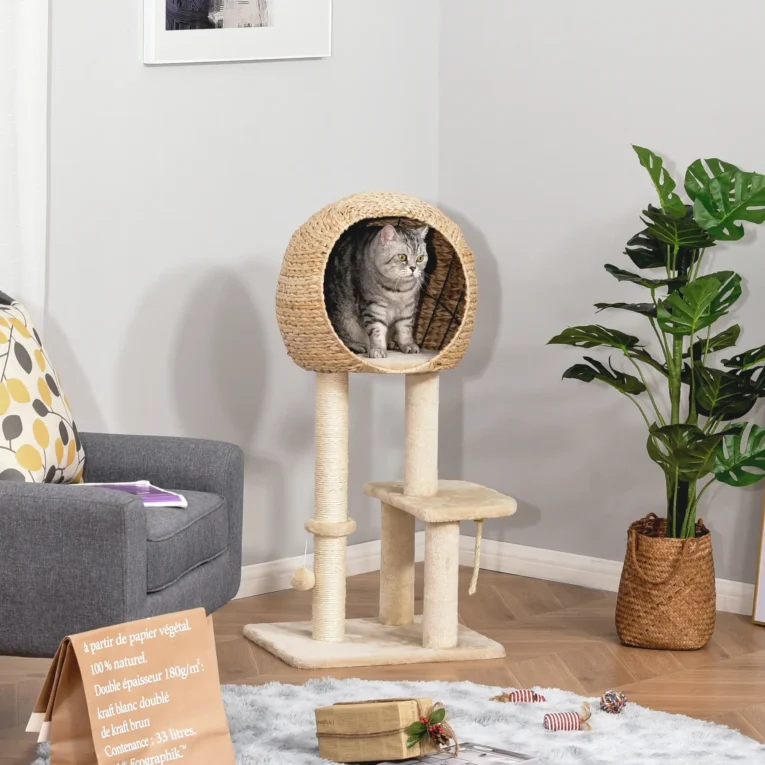 Cat Activity Tower with Enclosed Den and Play Toys – Beige, 100cm