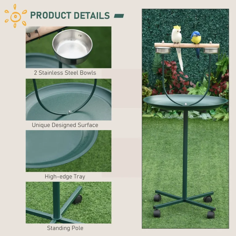 Bird Perch Stand with Bowls and Wheels – Green, 122cm