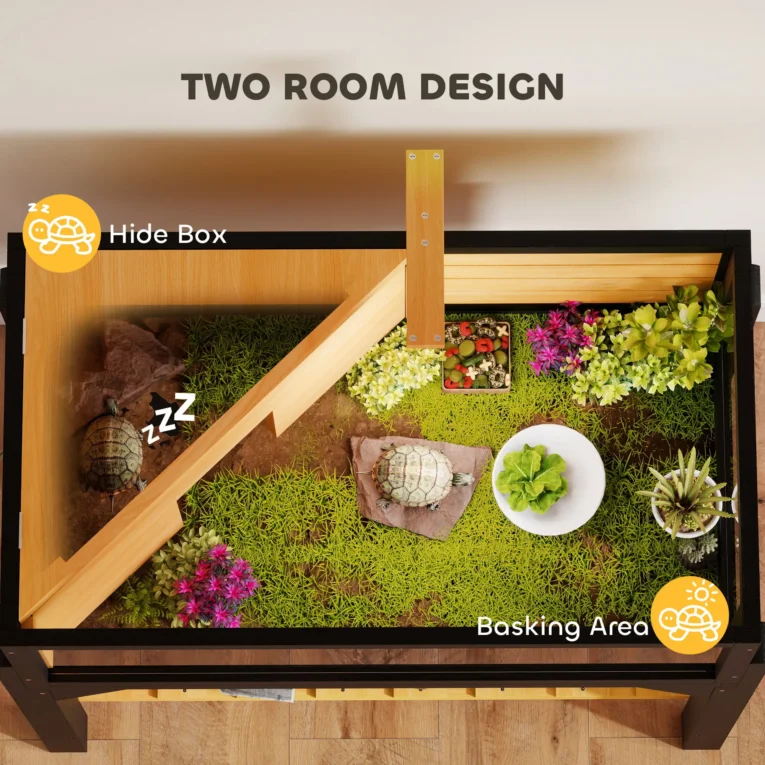 Wooden Tortoise House with Shelf and Lamp Holder – Yellow, Black