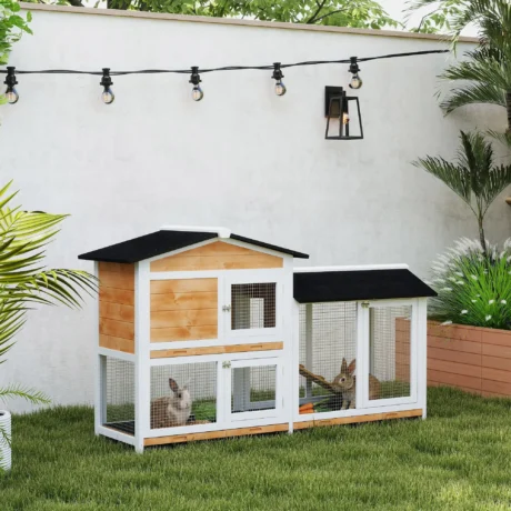 2-Tier Rabbit Hutch Wooden Outdoor Cage 157.4cm – Yellow, White, Black