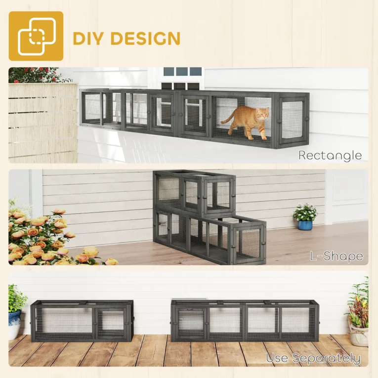 Modular Outdoor Cat Tunnel with Eight Doors – Dark Grey, 250cm