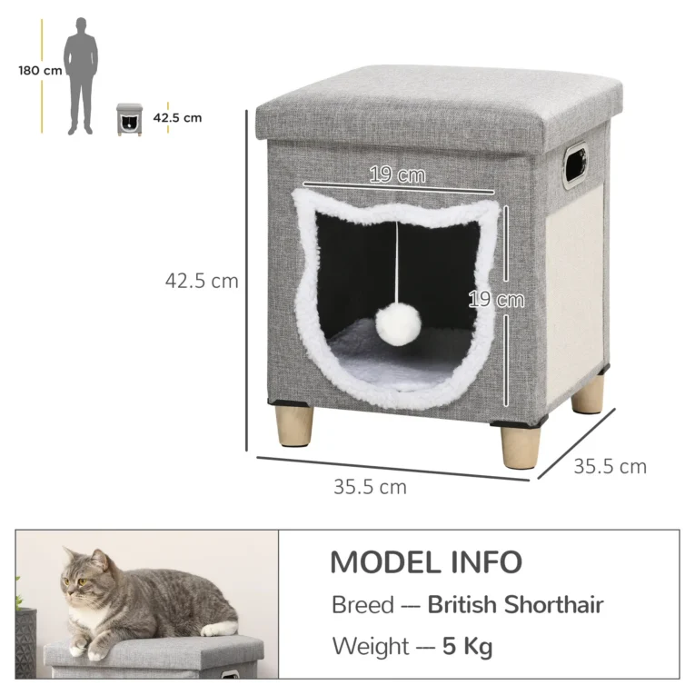 2-in-1 Cat Bed Ottoman with Cushion and Scratching Pad – Cream white and grey