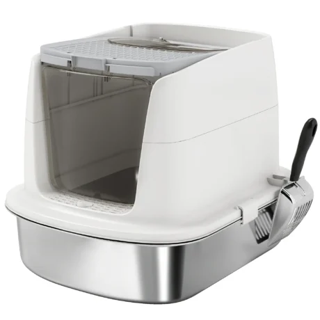 Covered Steel Cat Litter Box with Top Exit – White, 52cm