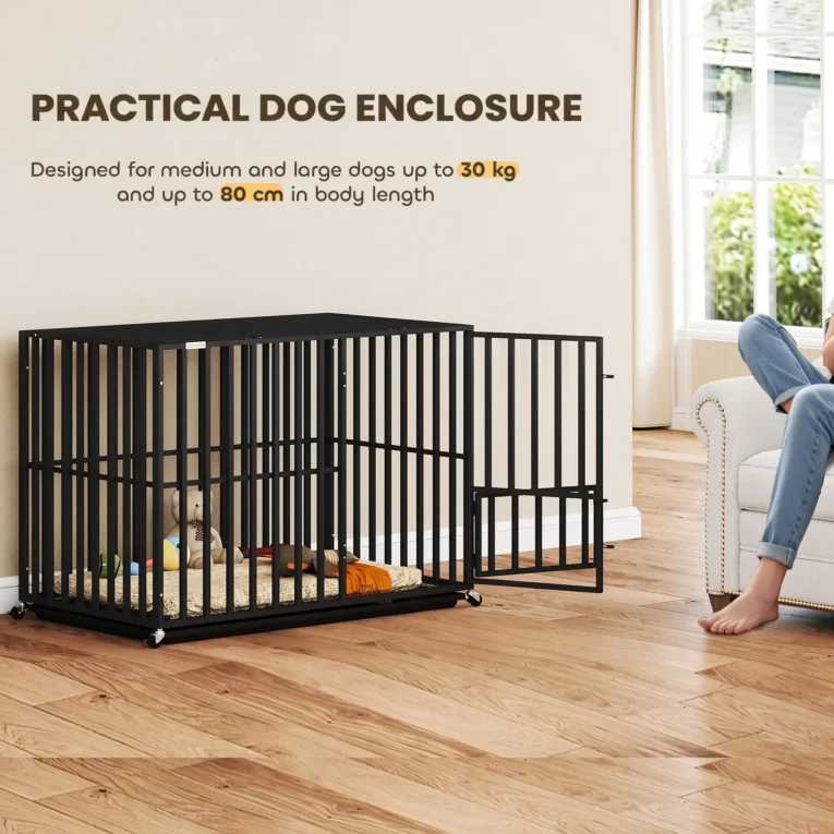Large Steel Dog Crate with Wheels and Feeding Door – Black, 107cm Large Steel Dog Crate with Wheels and Feeding Door – Black, 107cm