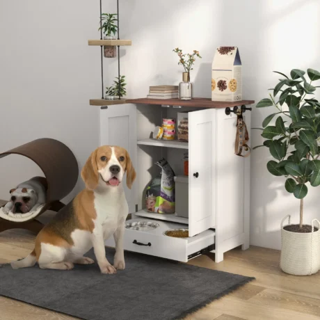 Pet Feeding Cabinet with Adjustable Shelf and Hooks – White