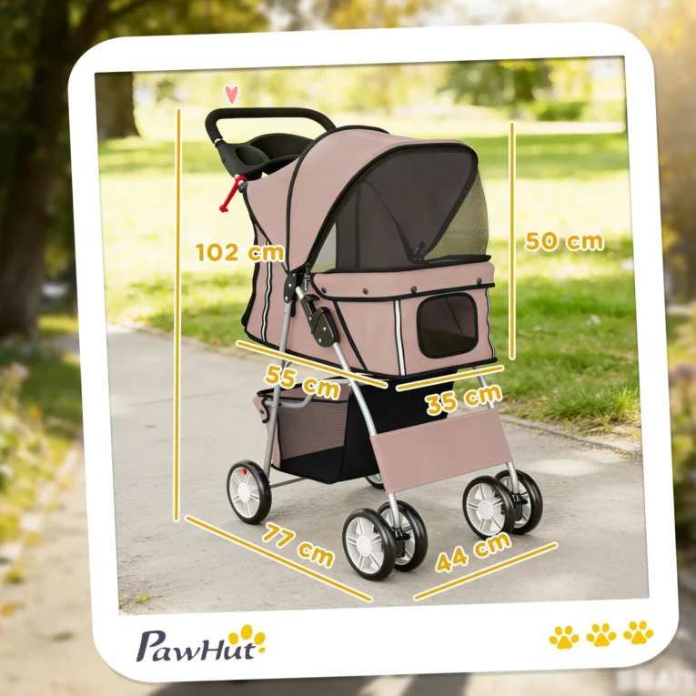 Folding Pet Stroller with Storage Basket – Brown, 10kg