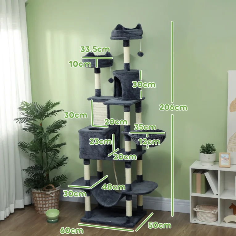 Multi-Level Cat Tower with Dens and Scratching Board – Dark Grey, 206cm Multi-Level Cat Tower with Dens and Scratching Board – Dark Grey, 206cm