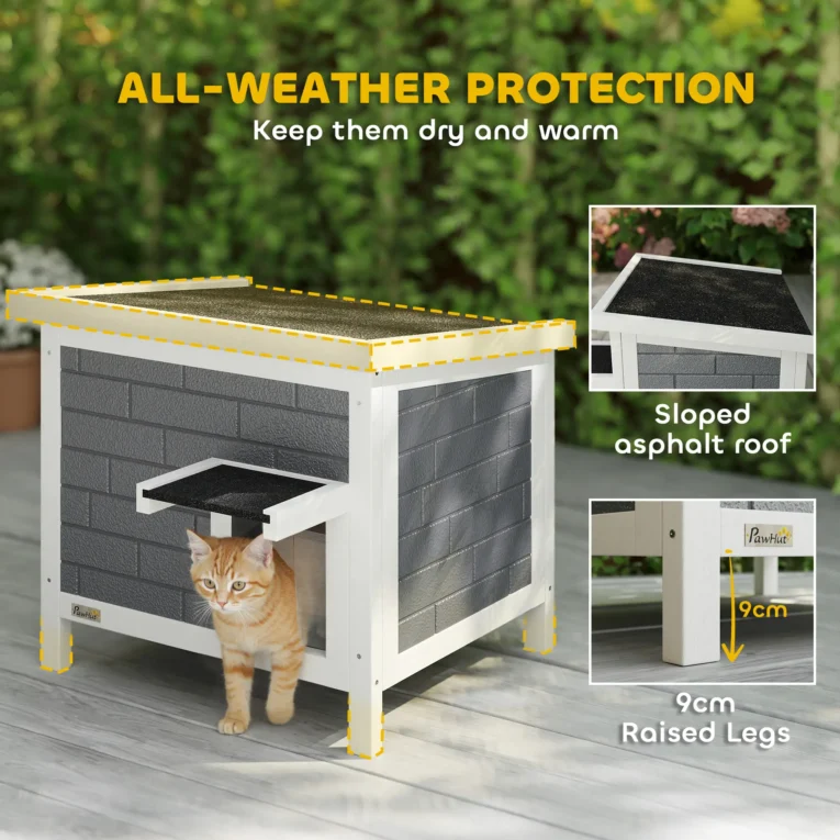 Insulated Wooden Outdoor Cat House with Opening Roof – Grey, 61cm