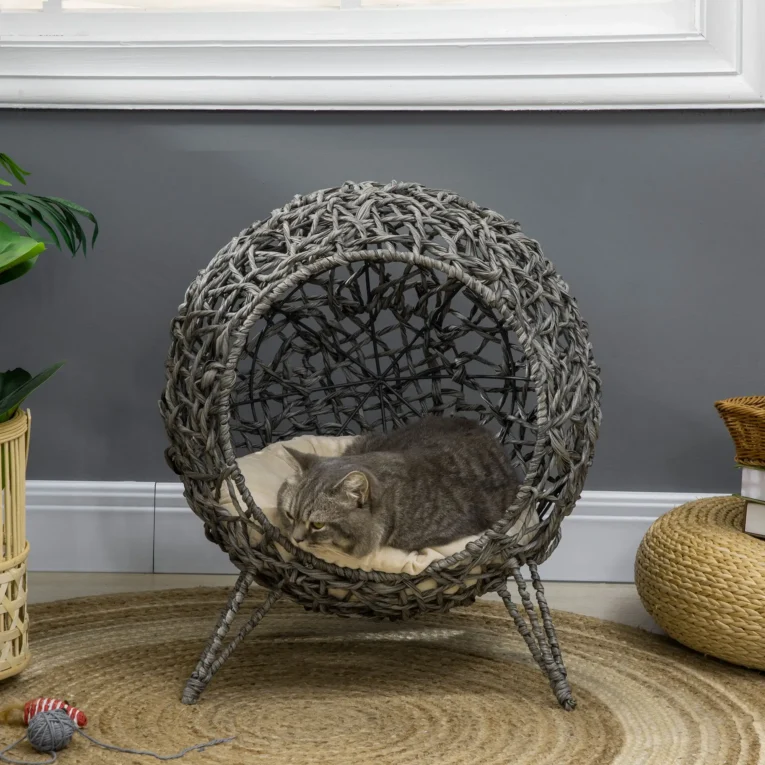 Raised Rattan-Style Cat Pod with Cushion – Silver and Grey