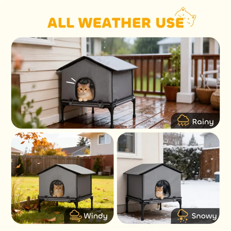 Raised Insulated Outdoor Cat House with Cushion – Grey, 62cm