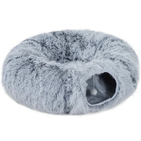 Plush Cat Tunnel with Removable Bed – Light Grey