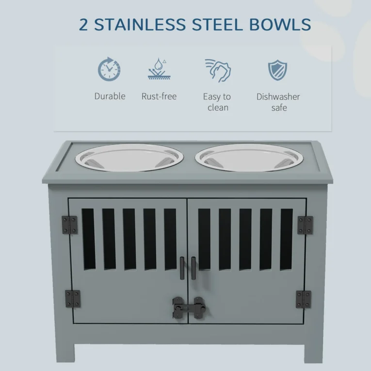 Dog Feeding Cabinet with Latching Doors – Grey, Two 2L Bowls