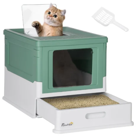Folding Hooded Cat Litter Box with Scoop – Green