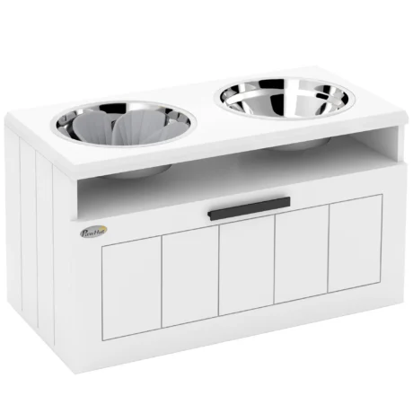 Raised Double Dog Bowl Stand with Drawer and Slow Feeder – White
