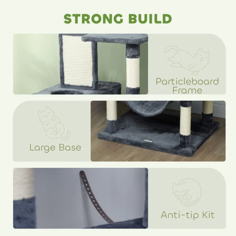 Multi-Level Cat Tower with Dens and Scratching Board – Dark Grey, 206cm Multi-Level Cat Tower with Dens and Scratching Board – Dark Grey, 206cm