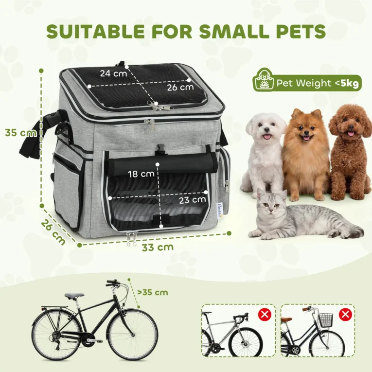 Soft Pet Bicycle Basket with Mesh Panels and Bowl – Light Grey
