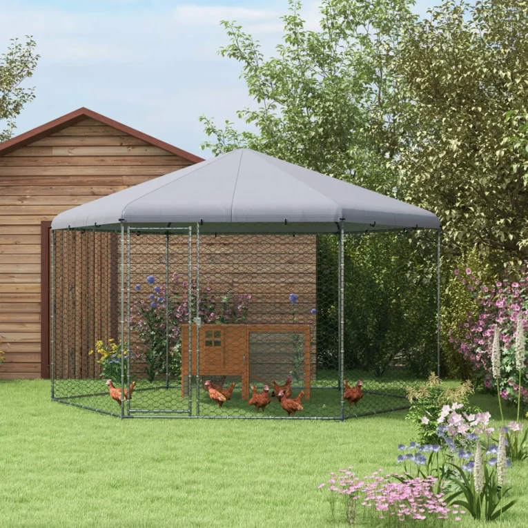 Hexagonal Chicken Run with Covered Roof – Silver