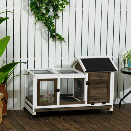 Wooden Rabbit Resting Hutch with Wheels – Brown and White