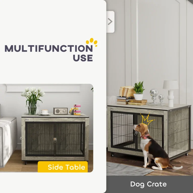 Dog Crate Furniture with Front and Side Doors – Grey, 80cm