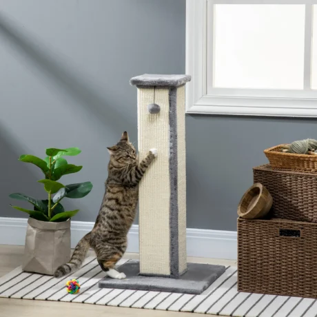 Tall Sisal Cat Scratching Column with Toy – Grey, 81cm