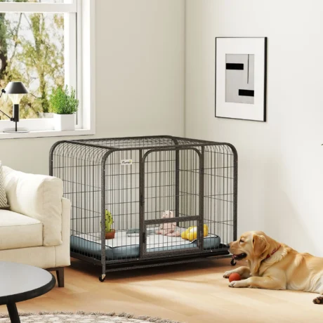 Large Wheeled Steel Dog Crate with Opening Top – Black, 109cm