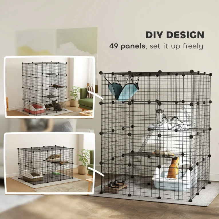 Modular Indoor Cat Enclosure with Ramps and Hammock – Black