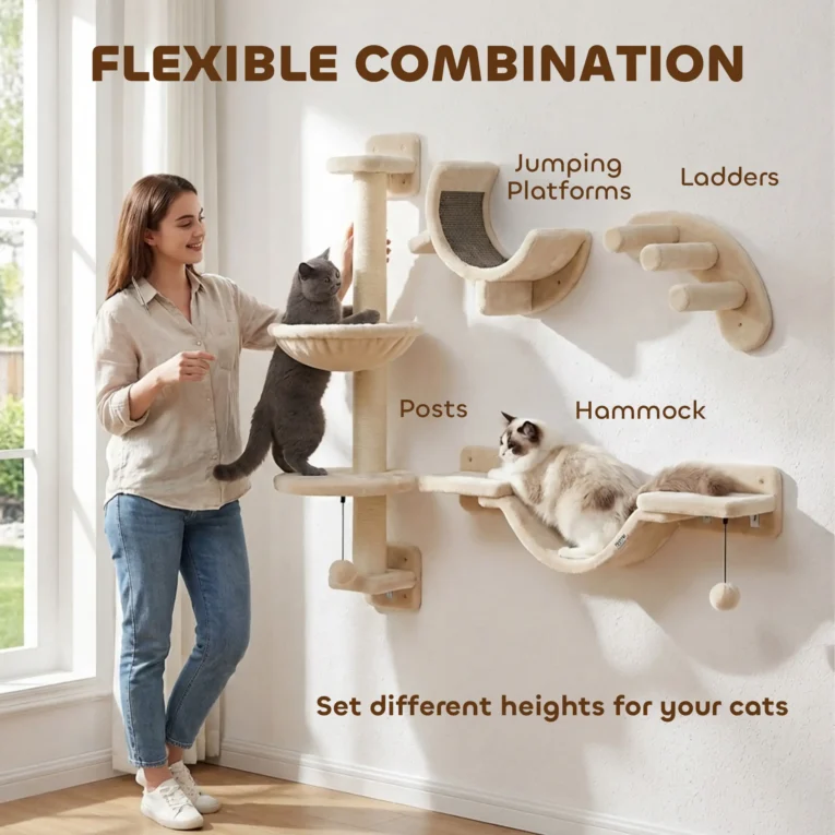 Four-Piece Cat Wall Climbing Set with Hammock – Beige Four-Piece Cat Wall Climbing Set with Hammock – Beige