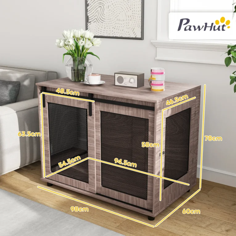 Large Dog Crate Furniture with Sliding Door – Walnut, 98cm
