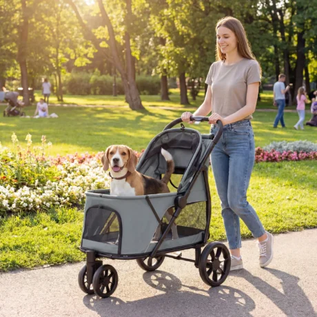 Three-Wheel Folding Dog Stroller with Dual Entry &ndash; Grey &ndash; detail 2