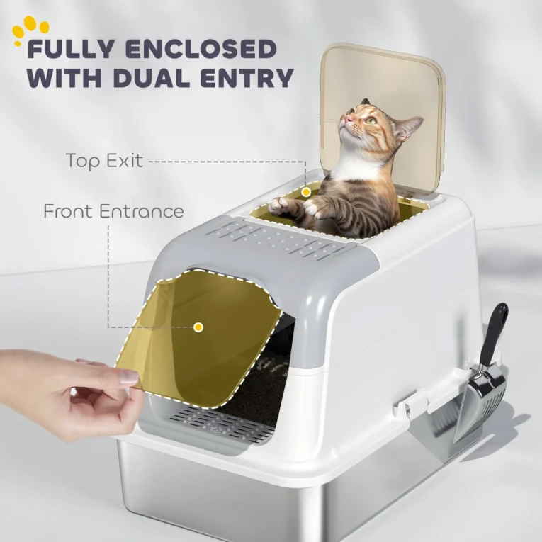 XL Enclosed Steel Cat Litter Box with Top Exit – White, 60cm XL Enclosed Steel Cat Litter Box with Top Exit – White, 60cm