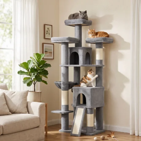 Tall Cat Tower with Three Beds and Two Dens &ndash; Dark Grey, 184cm &ndash; detail 2