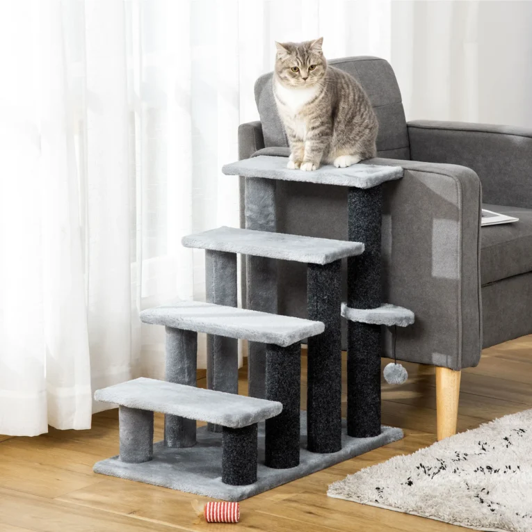 Four-Step Cat Stairs with Toy Platform – Grey, 64cm