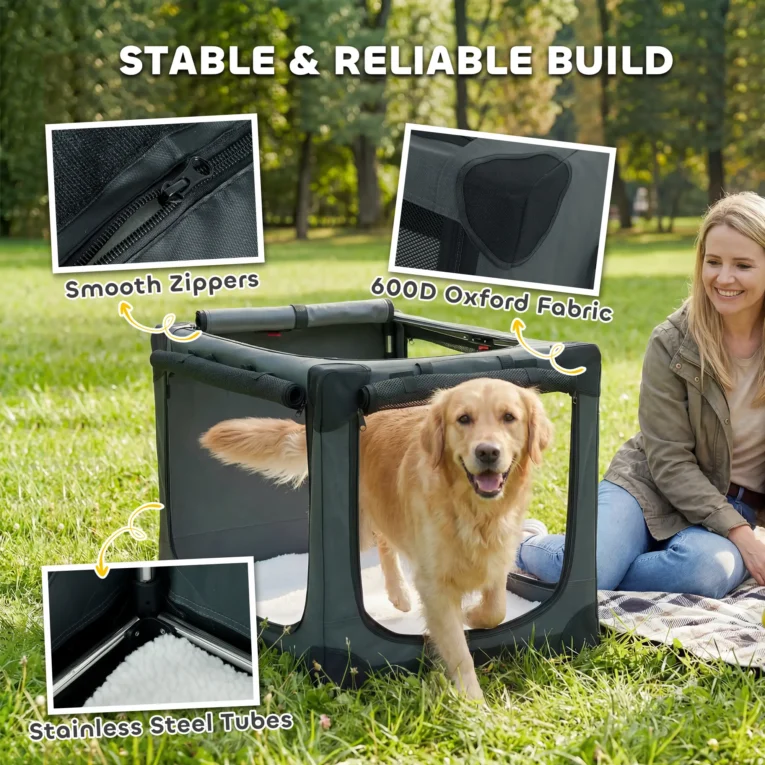 Large Folding Fabric Dog Crate with Cushion – Army Green, 90cm
