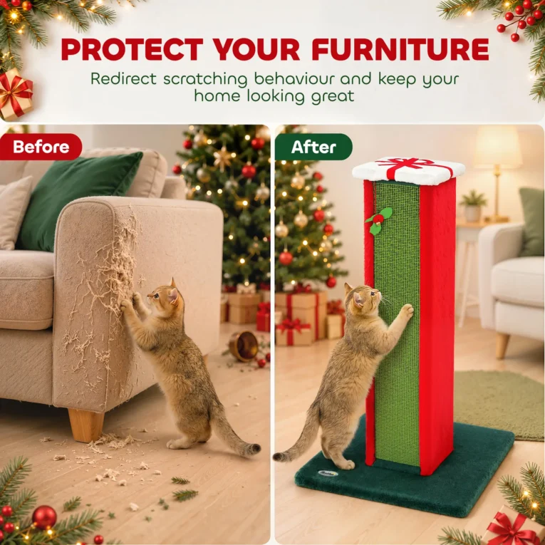 Tall Sisal Cat Scratching Post with Bell Toy – Green and Red, 81cm