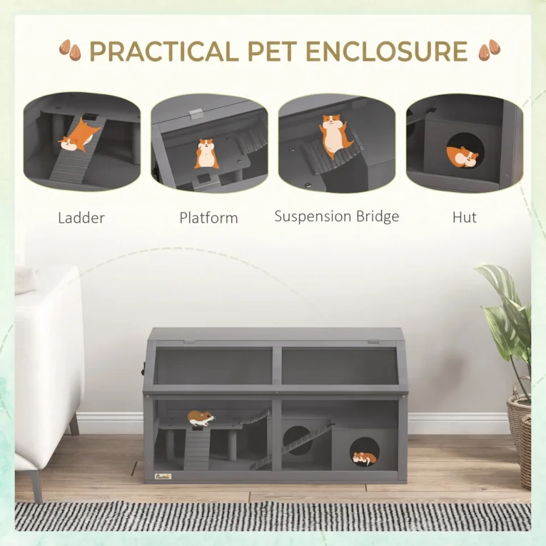 Wooden Hamster Cage with Bridge and Openable Top 85x45x44cm – Grey