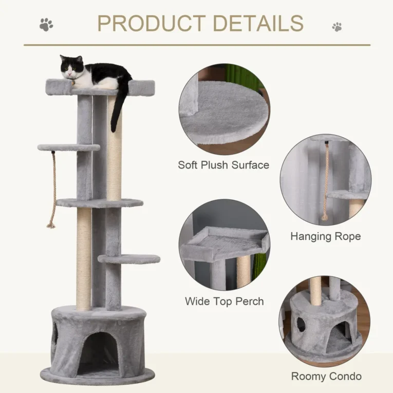 Tall Cat Tower with Den and Multiple Perches – Grey, 150cm Tall Cat Tower with Den and Multiple Perches – Grey, 150cm