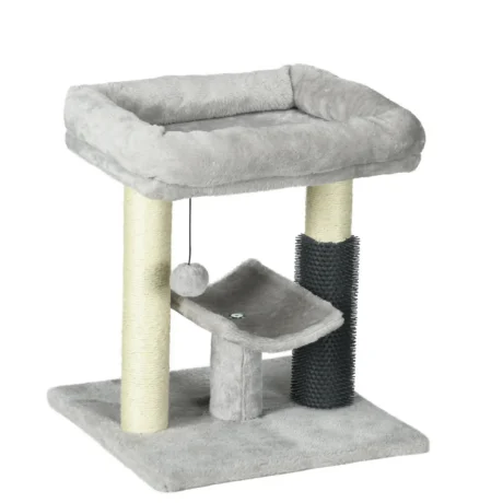 Compact Cat Tower with Bed and Grooming Brush – Grey, 48cm