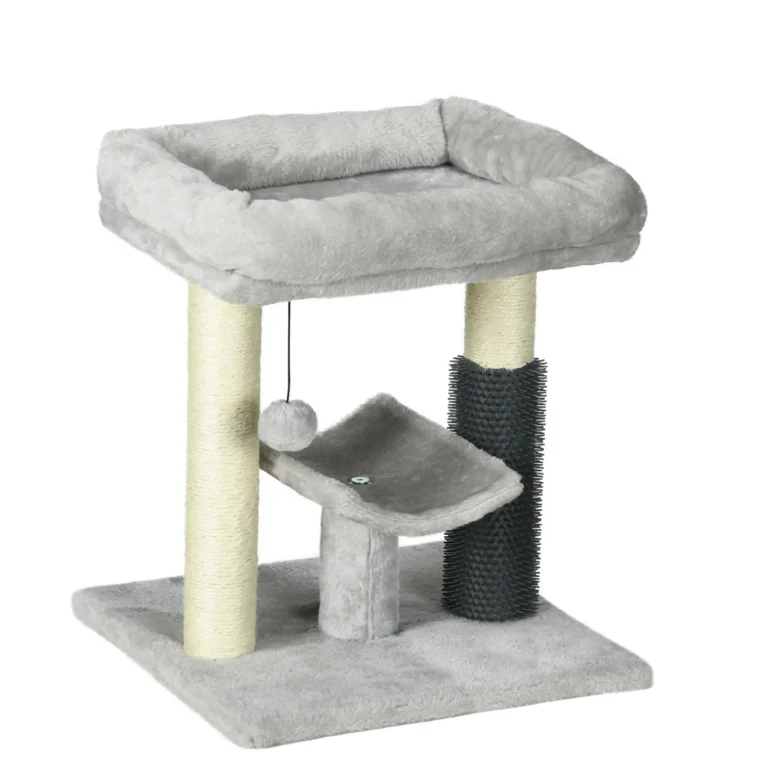 Compact Cat Tower with Bed and Grooming Brush – Grey, 48cm