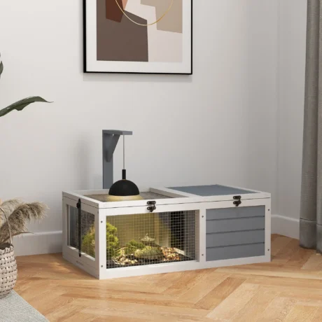 Two-Section Wooden Tortoise Enclosure with Lamp Holder – Light Grey
