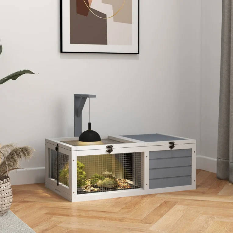 Two-Section Wooden Tortoise Enclosure with Lamp Holder – Light Grey