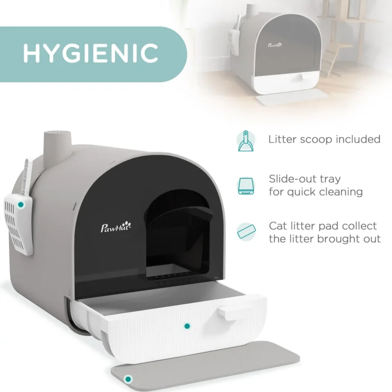 Hooded Cat Litter Box with Flap and Scoop – Light Grey