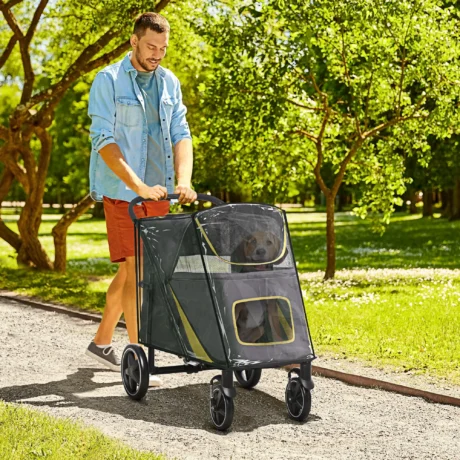 Folding Dog Stroller and Rain Cover Set – Dark Grey