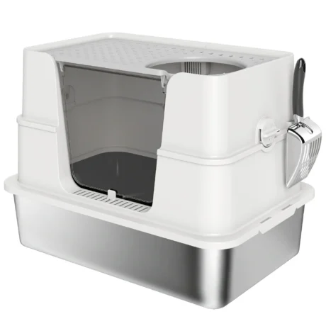 XL Steel Cat Litter Box with Flip Lid and Dual Access – Light Grey