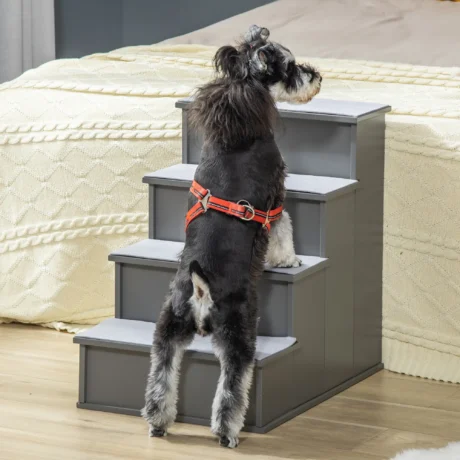 Four-Step Wooden Pet Stairs with Removable Mats – Grey, 54cm