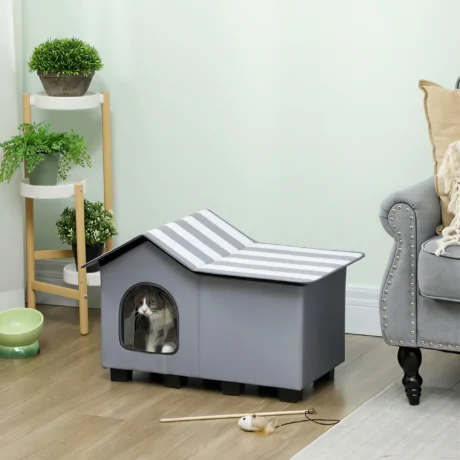 Outdoor Cat Shelter with Side Platform and Cushion &ndash; Grey &ndash; detail 2
