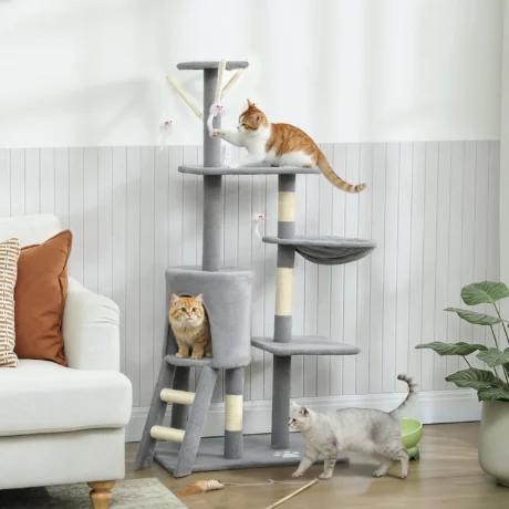 Multi-Level Cat Tower with Hammock and Ladder – Grey, 134cm