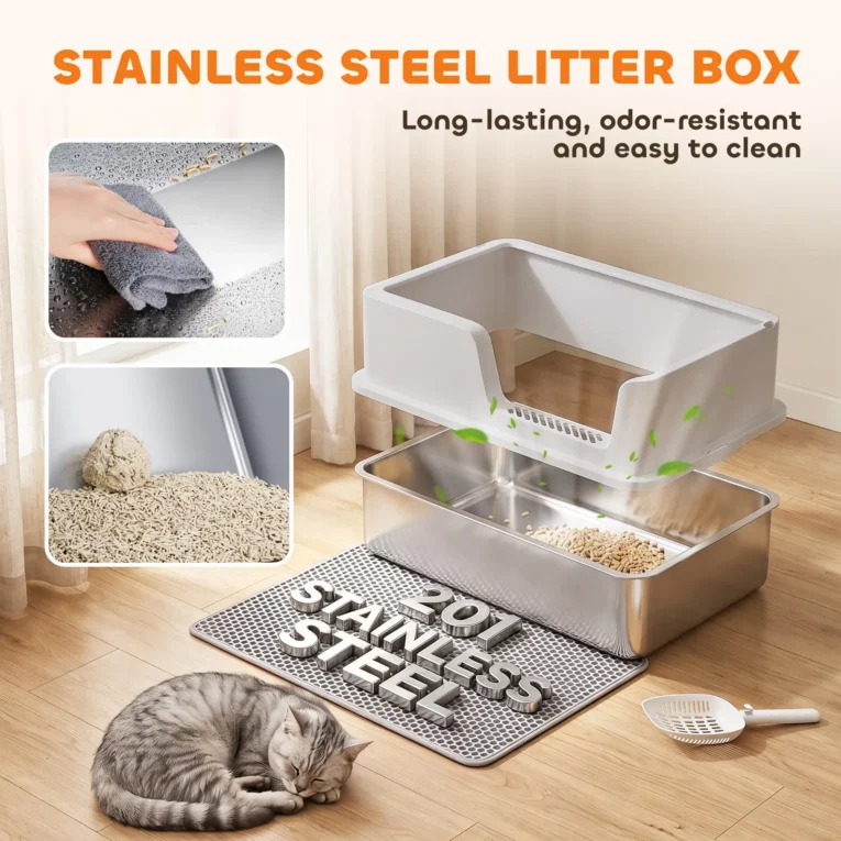 High-Sided Stainless Steel Cat Litter Tray – Light Grey, 60cm