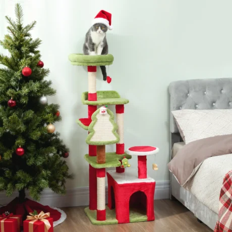 Festive Cat Tower with Den and Two Perches &ndash; Green, 120cm &ndash; detail 2